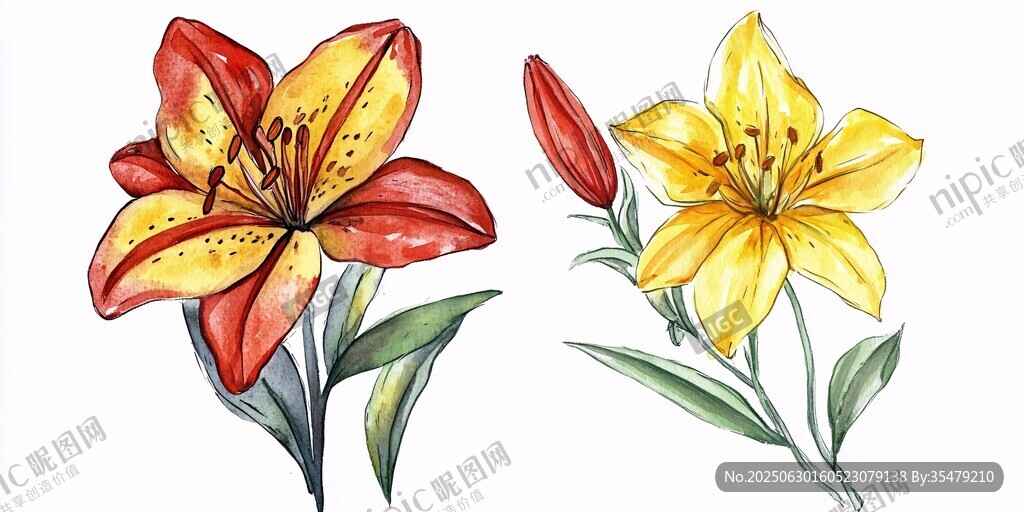 兩色百合花水彩插畫