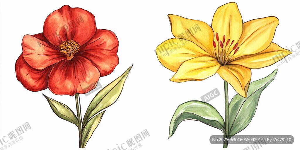 兩朵手繪花卉插畫展示