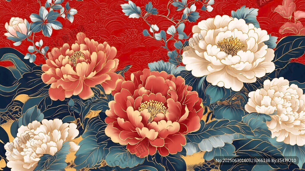 國色牡丹中式花卉圖案