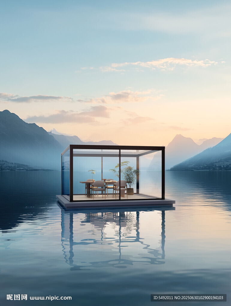 湖中小屋的靜謐黃昏