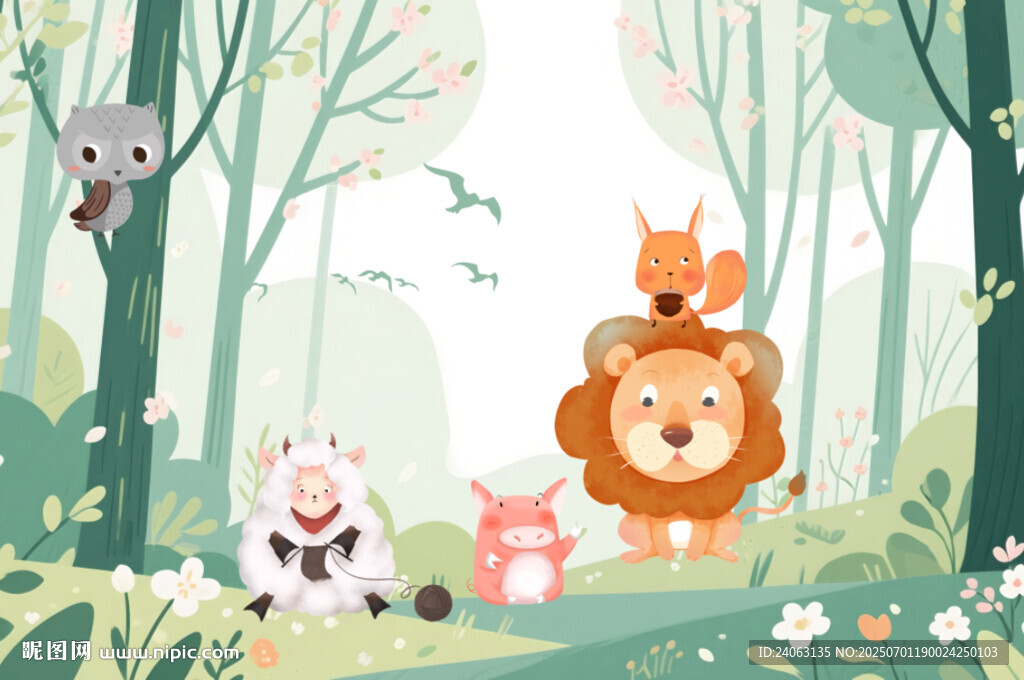 森林中可愛動(dòng)物壁畫
