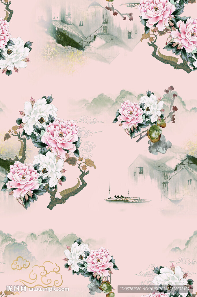 水墨風花鳥花卉無縫圖案