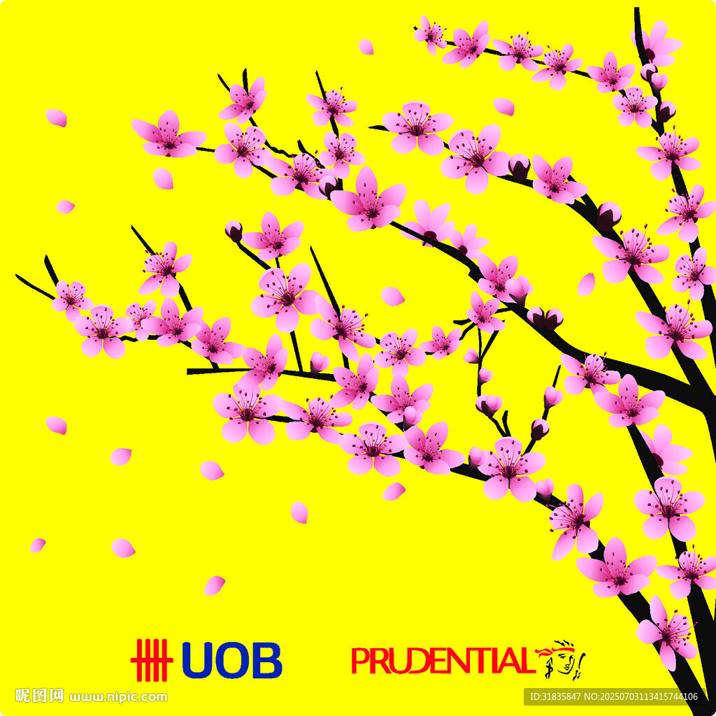 粉色桃花綻放于黃色背景