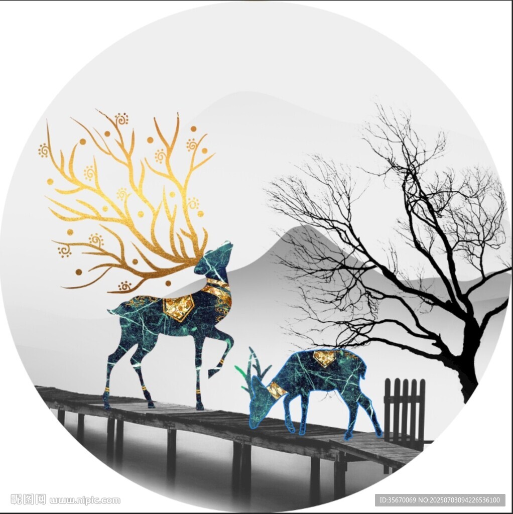 水墨風(fēng)雙鹿過橋圖景