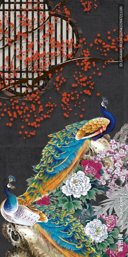 中式孔雀牡丹畫