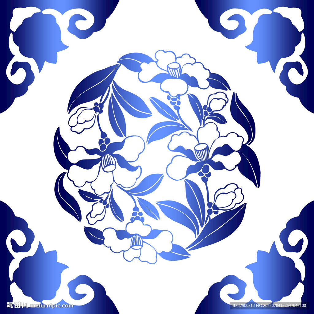 中式藍(lán)白青花瓷花紋圖案