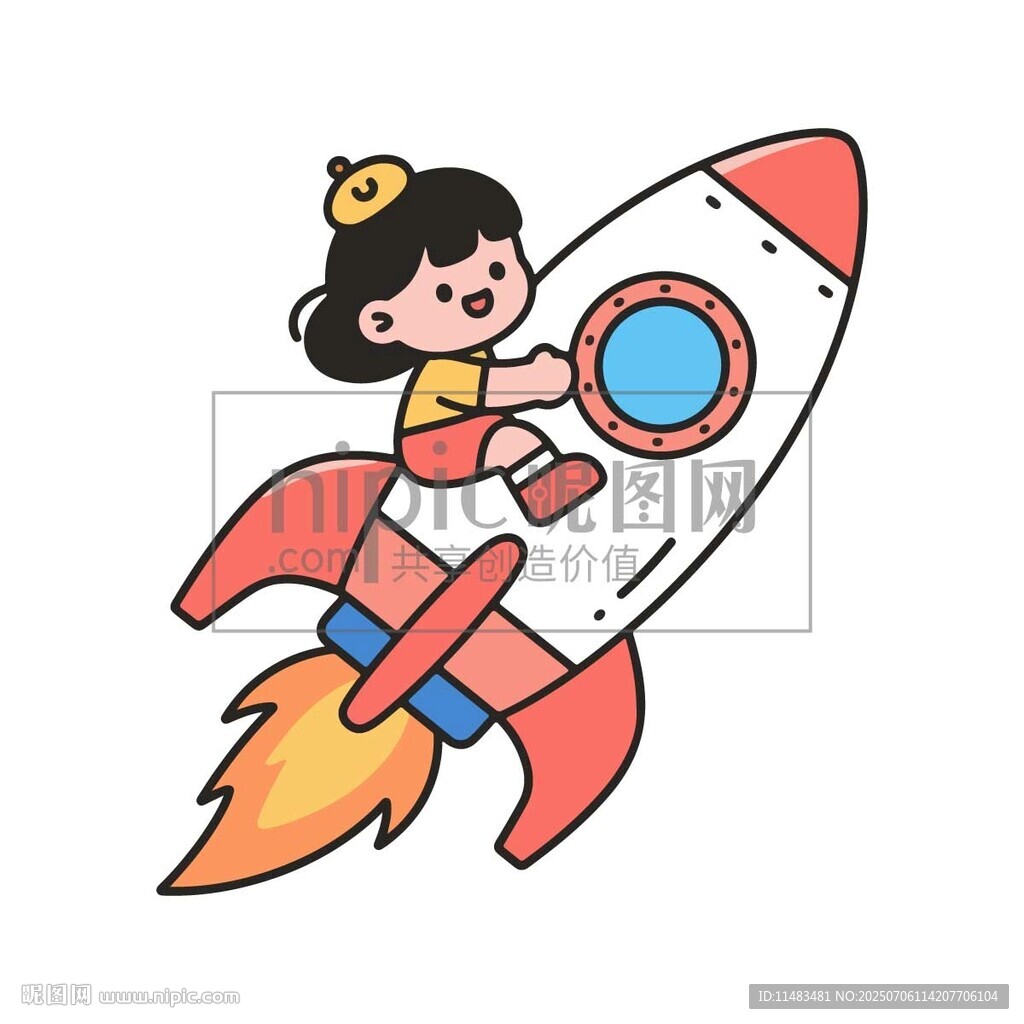 卡通小女孩坐火箭