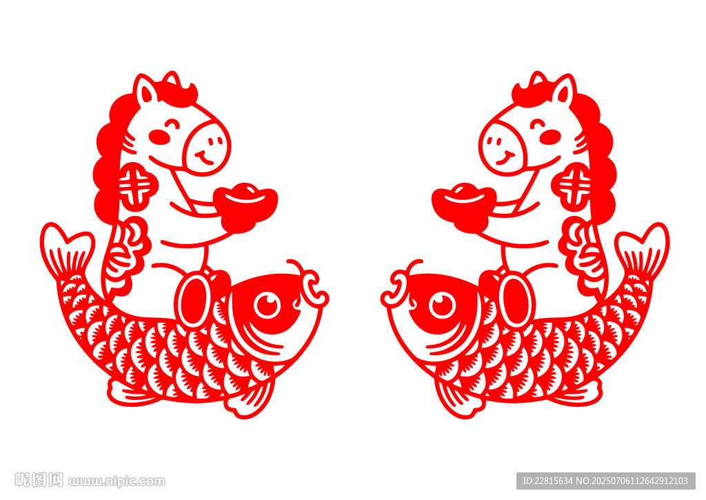 矢量剪紙風(fēng)格馬雙魚童子剪紙圖案