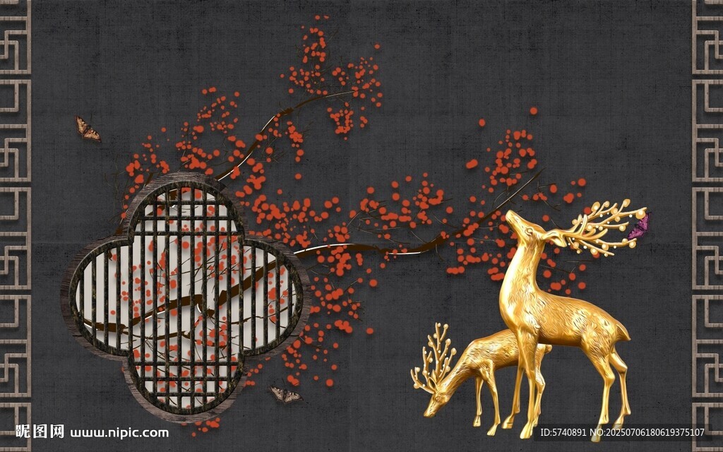 中式金鹿電視背景墻