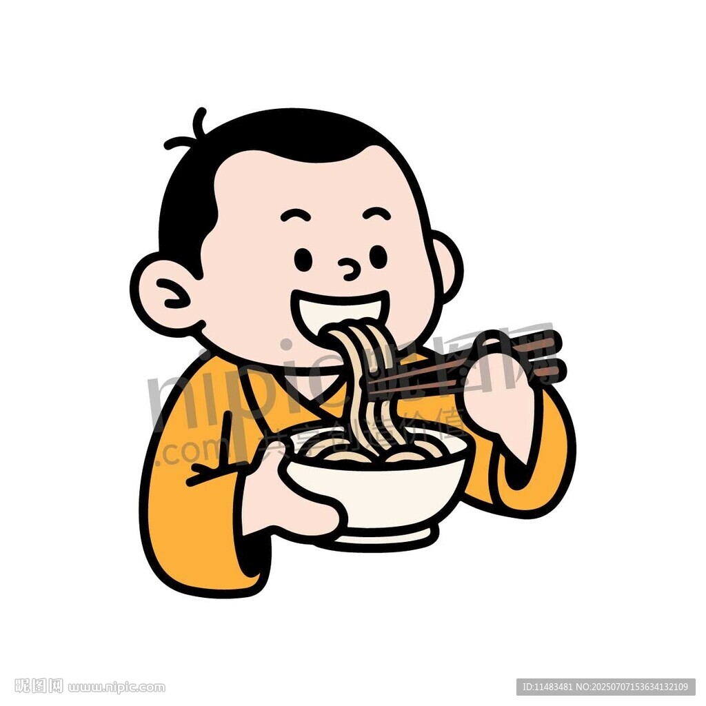 卡通小男孩開心吃面