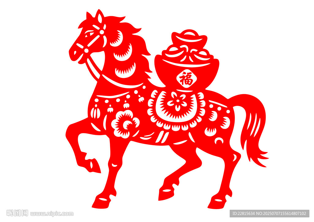 紅色剪紙馬與福袋圖案