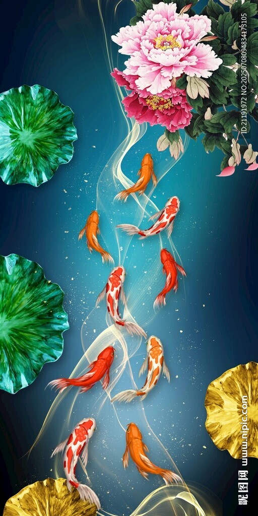 九魚(yú)牡丹圖