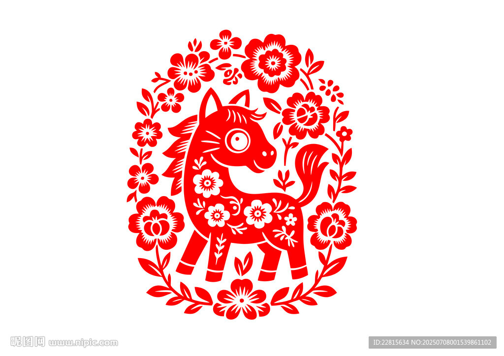 紅色剪紙風(fēng)生肖馬圖案