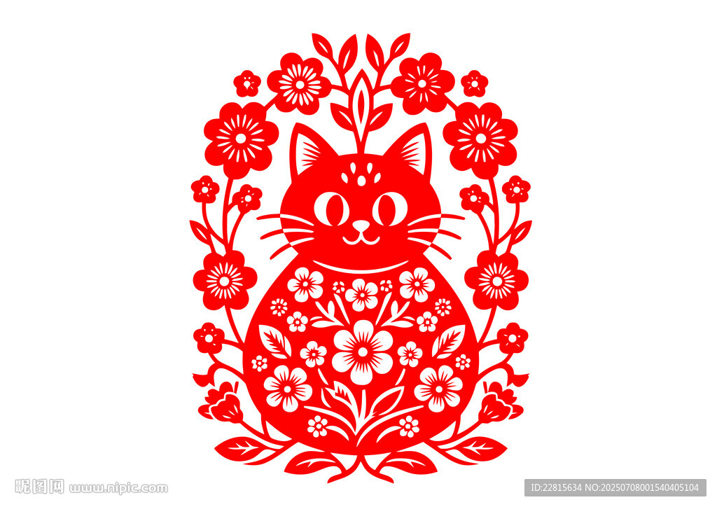紅色剪紙風(fēng)可愛(ài)貓咪圖案