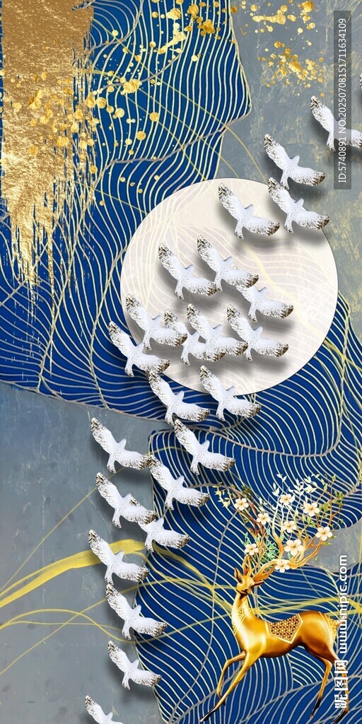 抽象飛鳥麋鹿圖