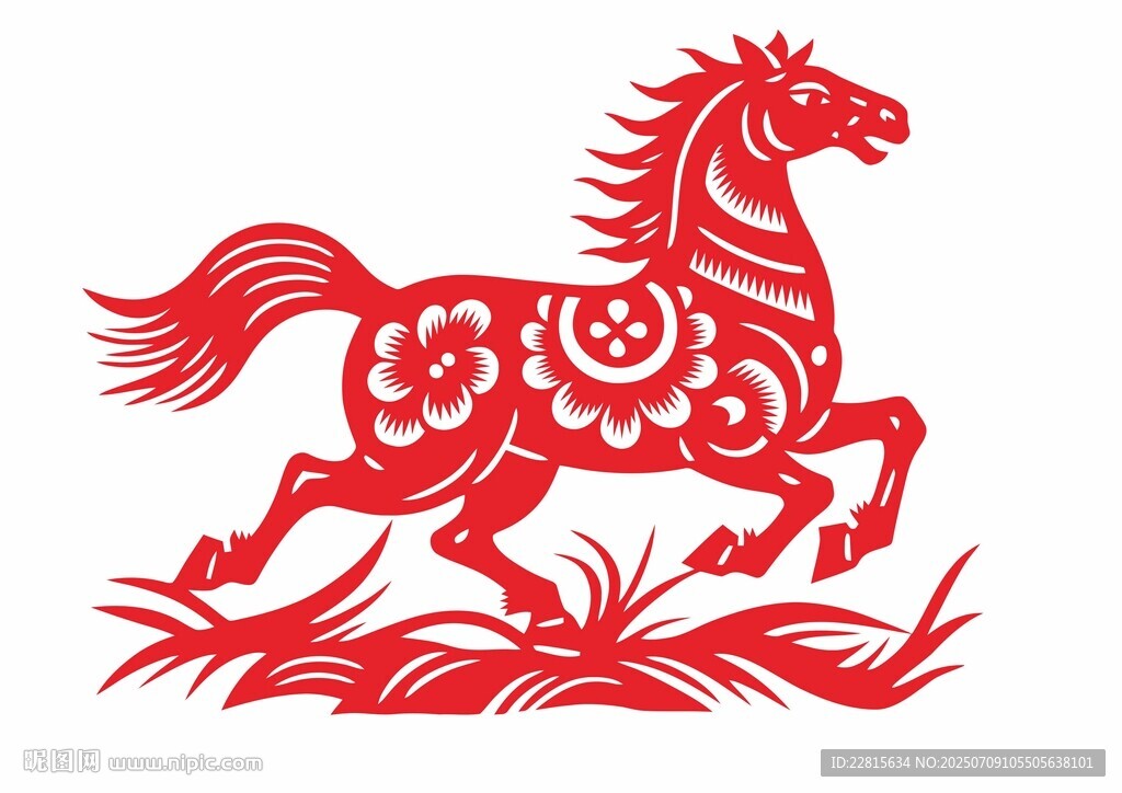 紅色剪紙奔騰駿馬圖案