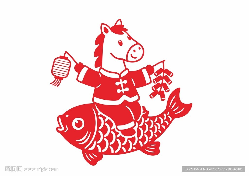 矢量剪紙馬騎錦鯉賀歲圖