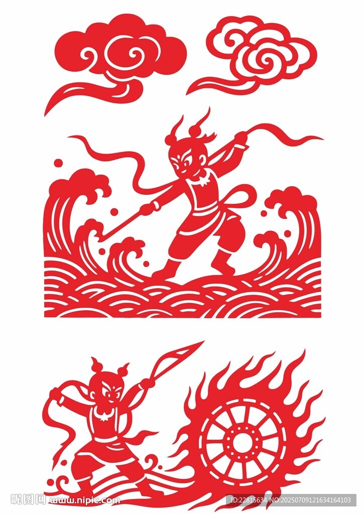 傳統(tǒng)剪紙矢量哪吒風(fēng)神話(huà)人物圖案