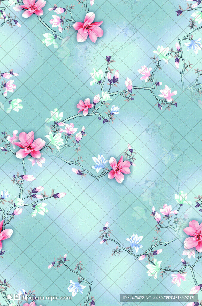 淡藍(lán)底粉白花卉圖案