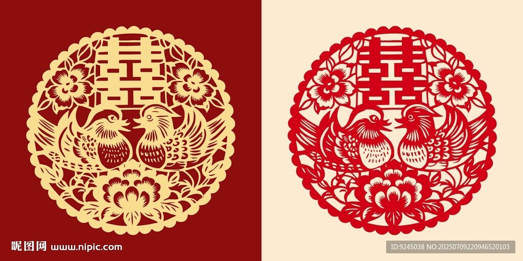 中式傳統(tǒng)雙喜鴛鴦剪紙圖案