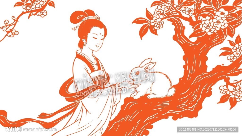 線描嫦娥玉兔桂花樹