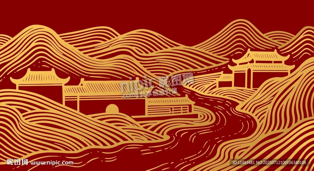線描山水畫古風線條背景
