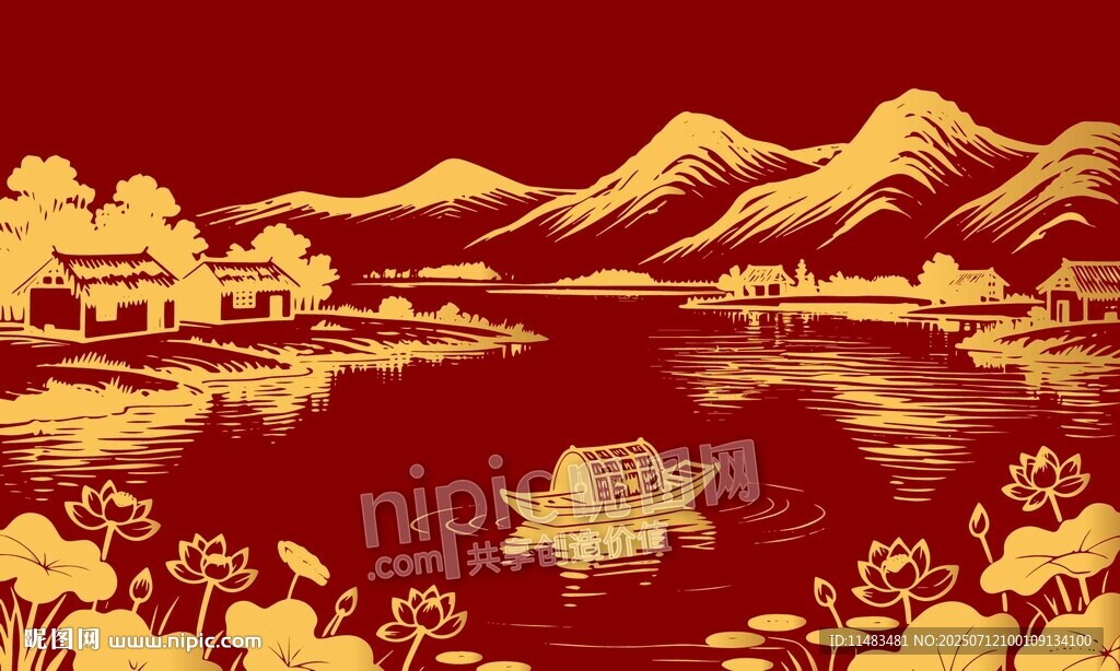 中式山水山脈湖泊背景