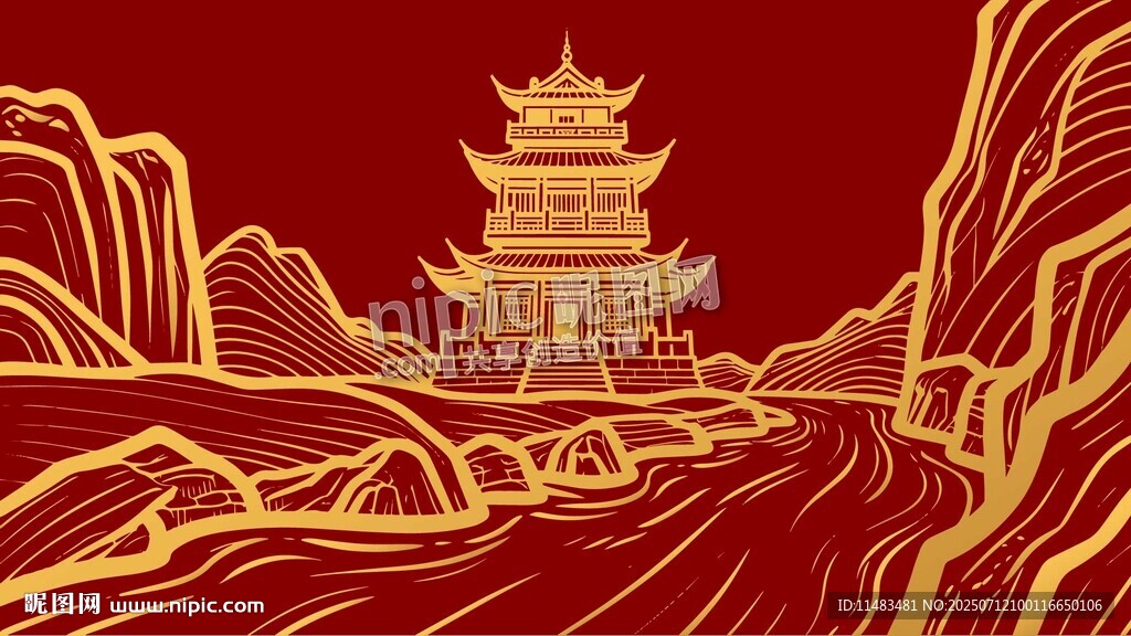 金色山水中式樓閣背景