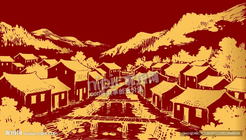 金色古風(fēng)山村村子風(fēng)景圖