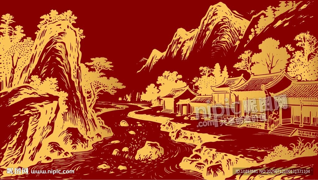 素描山水畫建筑剪影背景