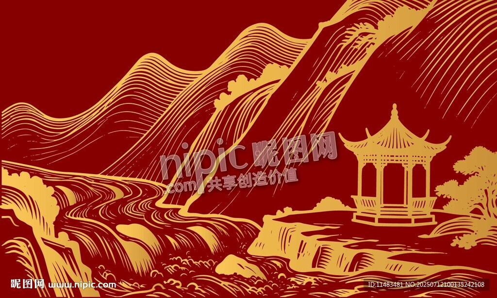 山川河流亭子山水畫背景