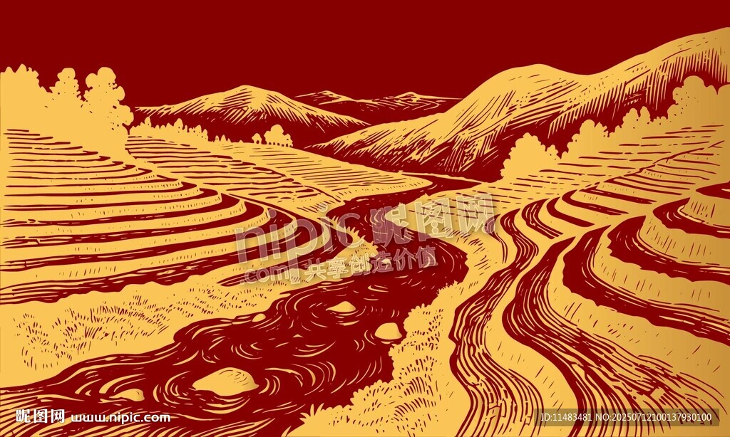 線描農(nóng)田梯田小溪背景