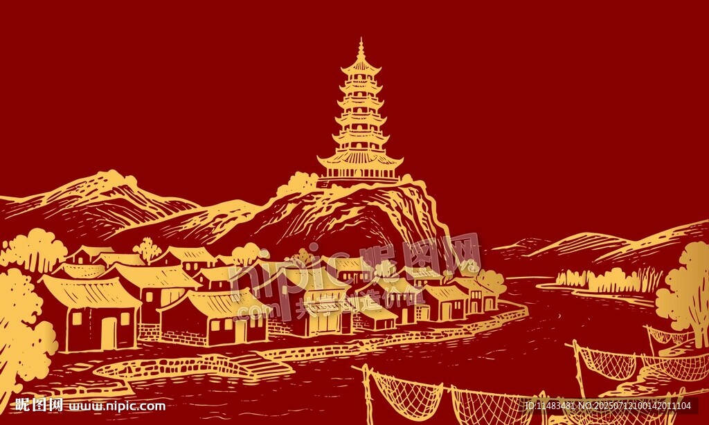 中國風(fēng)村莊寶塔雷峰塔背景
