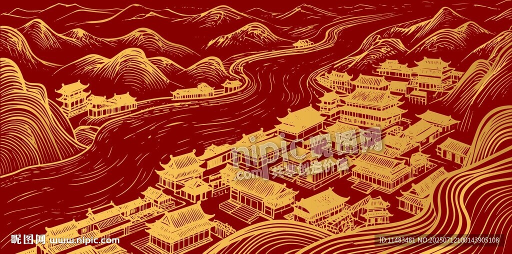 中國風(fēng)古建筑山脈村子村落線描
