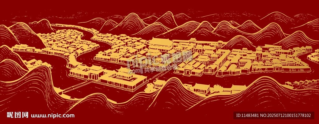 中國古代城市城池古建筑山水畫