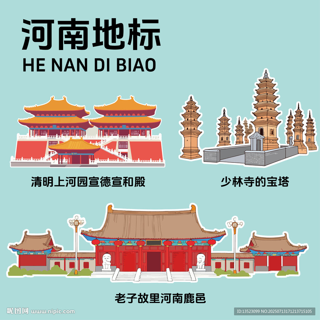 河南地標(biāo)建筑文創(chuàng)矢量插畫貼紙