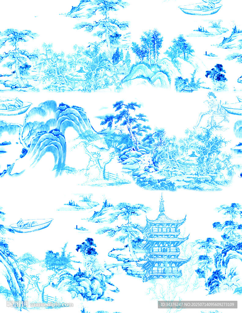青花瓷風(fēng)山水圖案