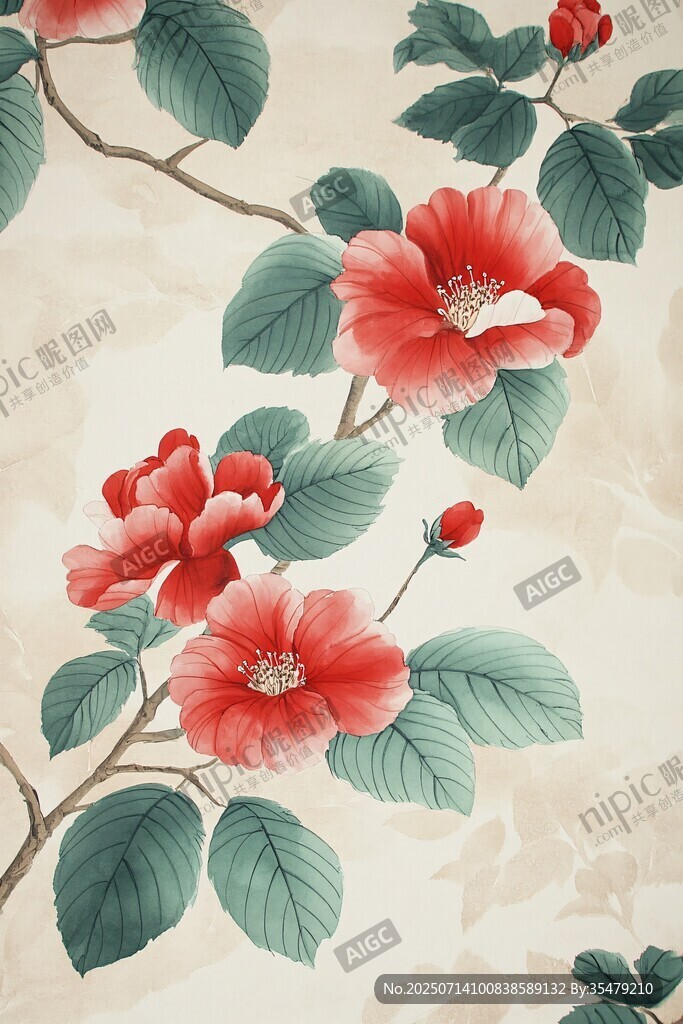 中式手繪盛開的艷麗花朵