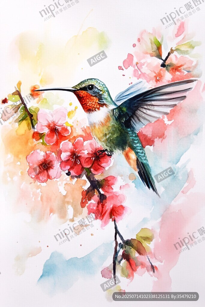蜂鳥棲于爛漫花枝間