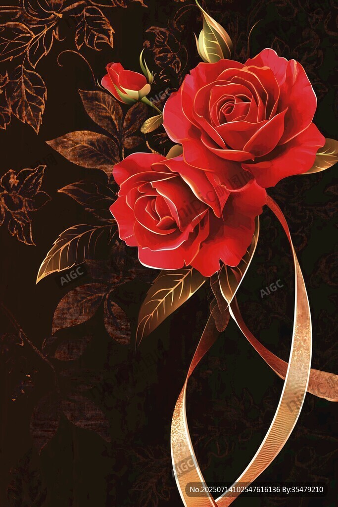 紅玫瑰配金葉絲帶插畫