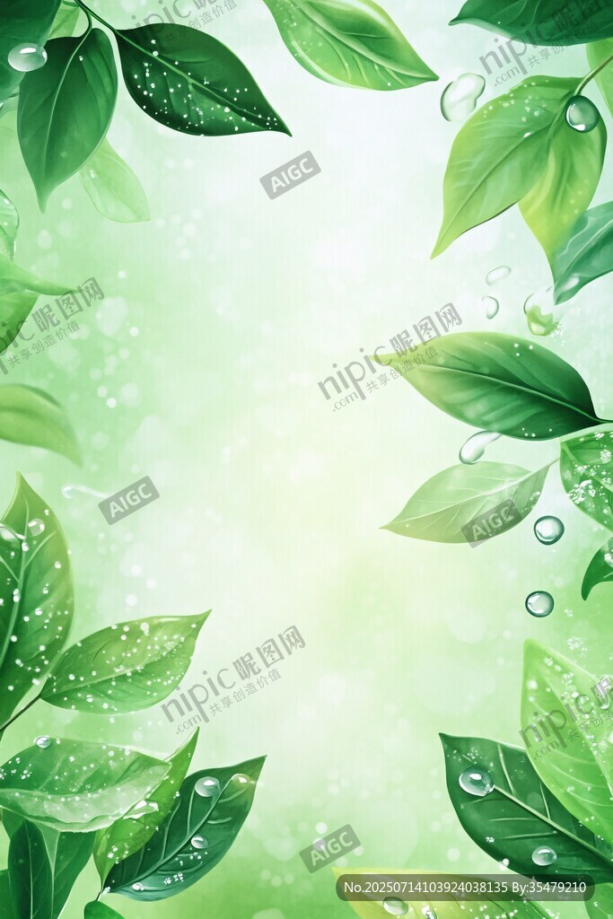 清新綠葉水珠背景圖