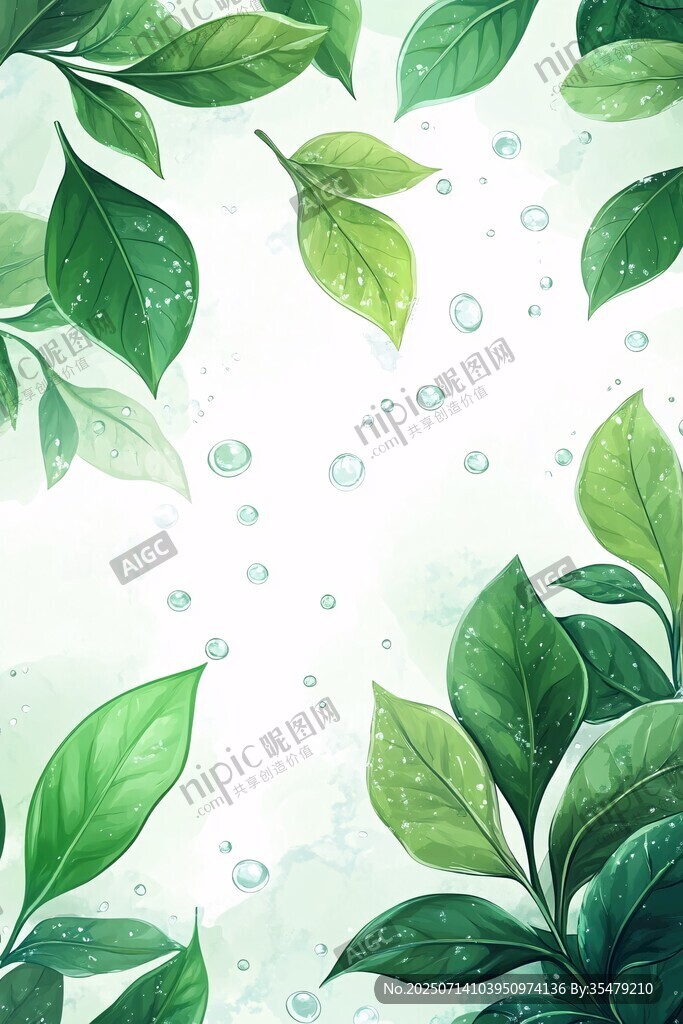 清新綠葉水珠水彩背景圖