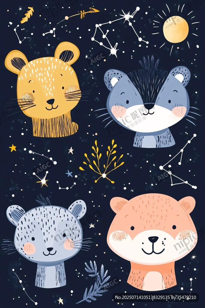 可愛動物與星空插畫圖案
