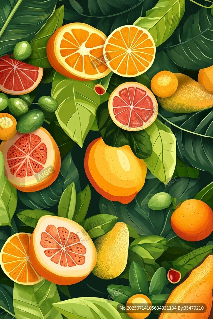 繽紛柑橘水果與綠葉插畫(huà)