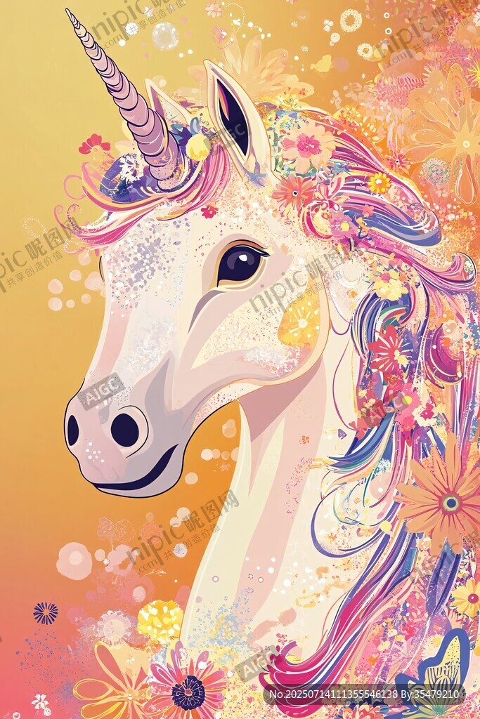 夢幻獨角獸花卉頭像插畫