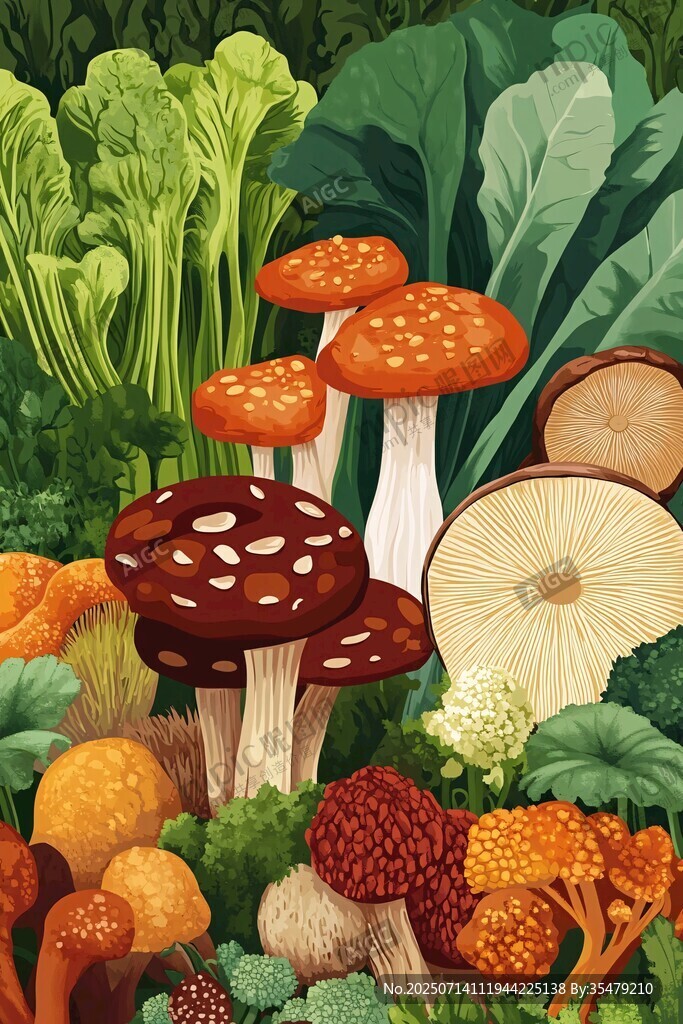 多彩蘑菇與蔬菜的奇幻組合