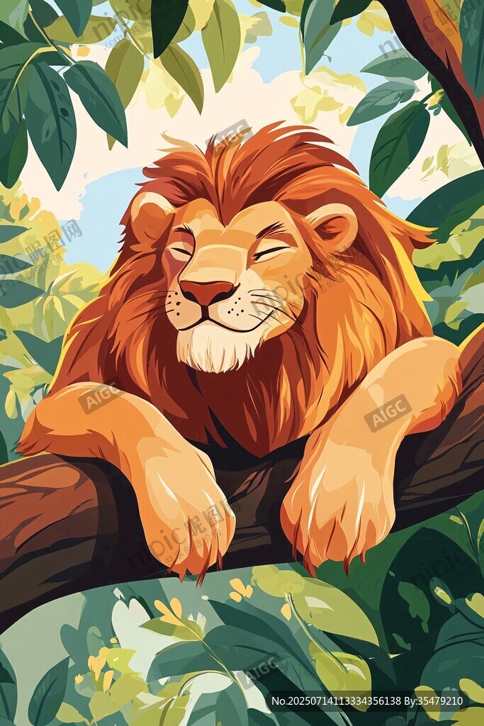 獅子愜意棲于綠蔭樹枝間