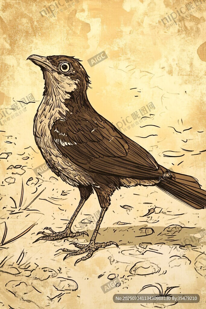 復(fù)古風(fēng)站立小鳥(niǎo)素描圖