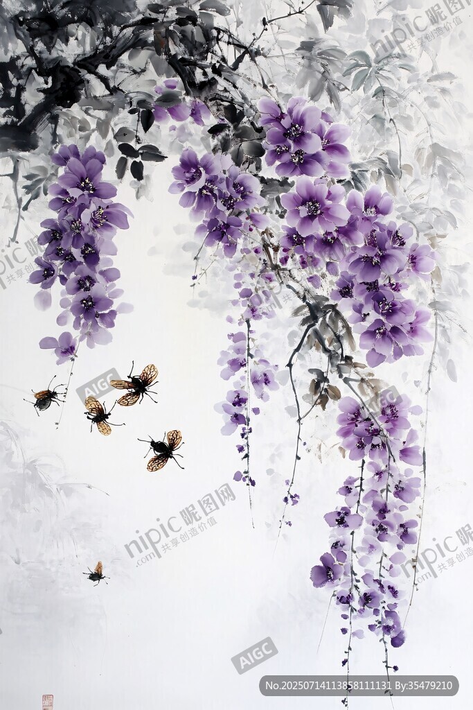 紫藤繁花間蜜蜂飛舞圖