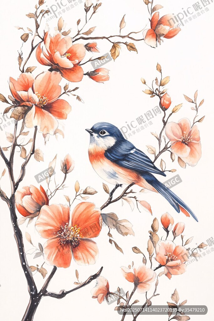 花鳥圖 小鳥棲于繁花枝頭